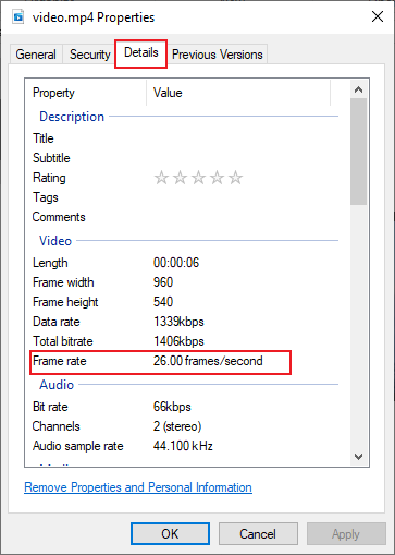 Select the Details tab and check the frame rate in File Explorer