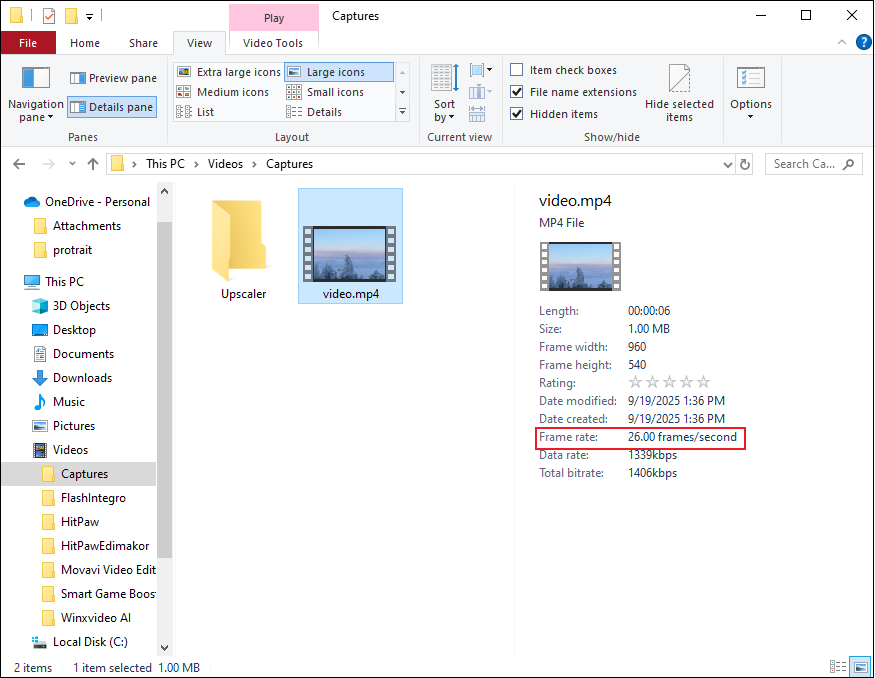 Click on the target video in File Explorer to check the frame rate