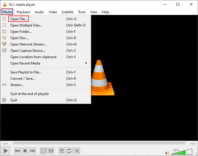 Click Media and click the Open File… option in VLC to open your video