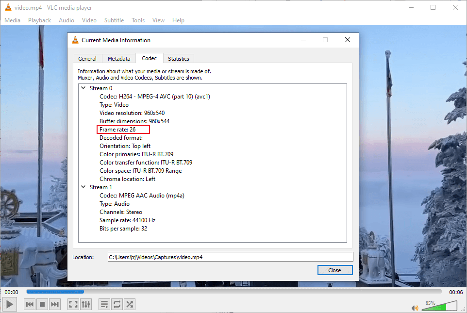 Check the video frame rate in VLC’s Current Media Information window