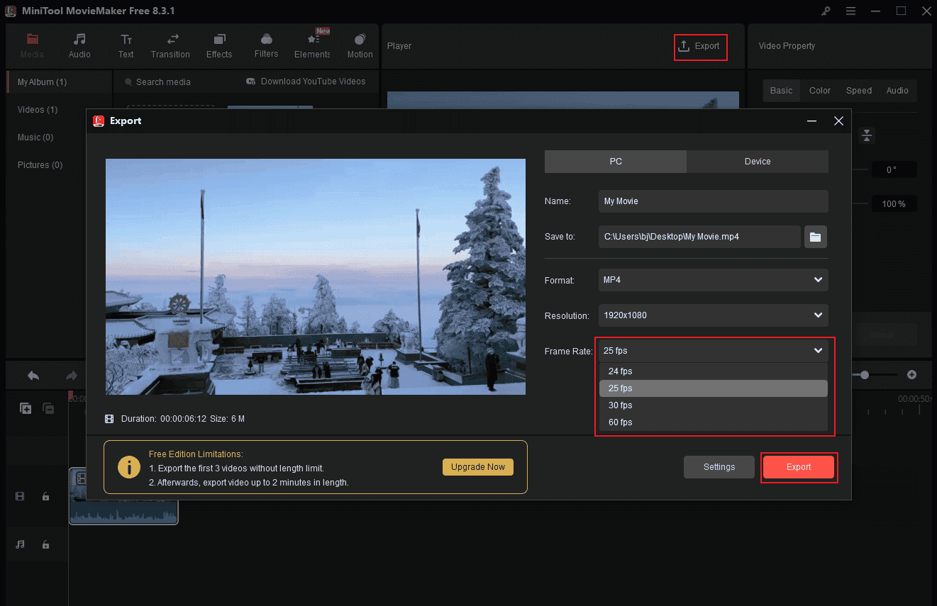 Access the Export window and change the video frame rate in MiniTool MovieMaker