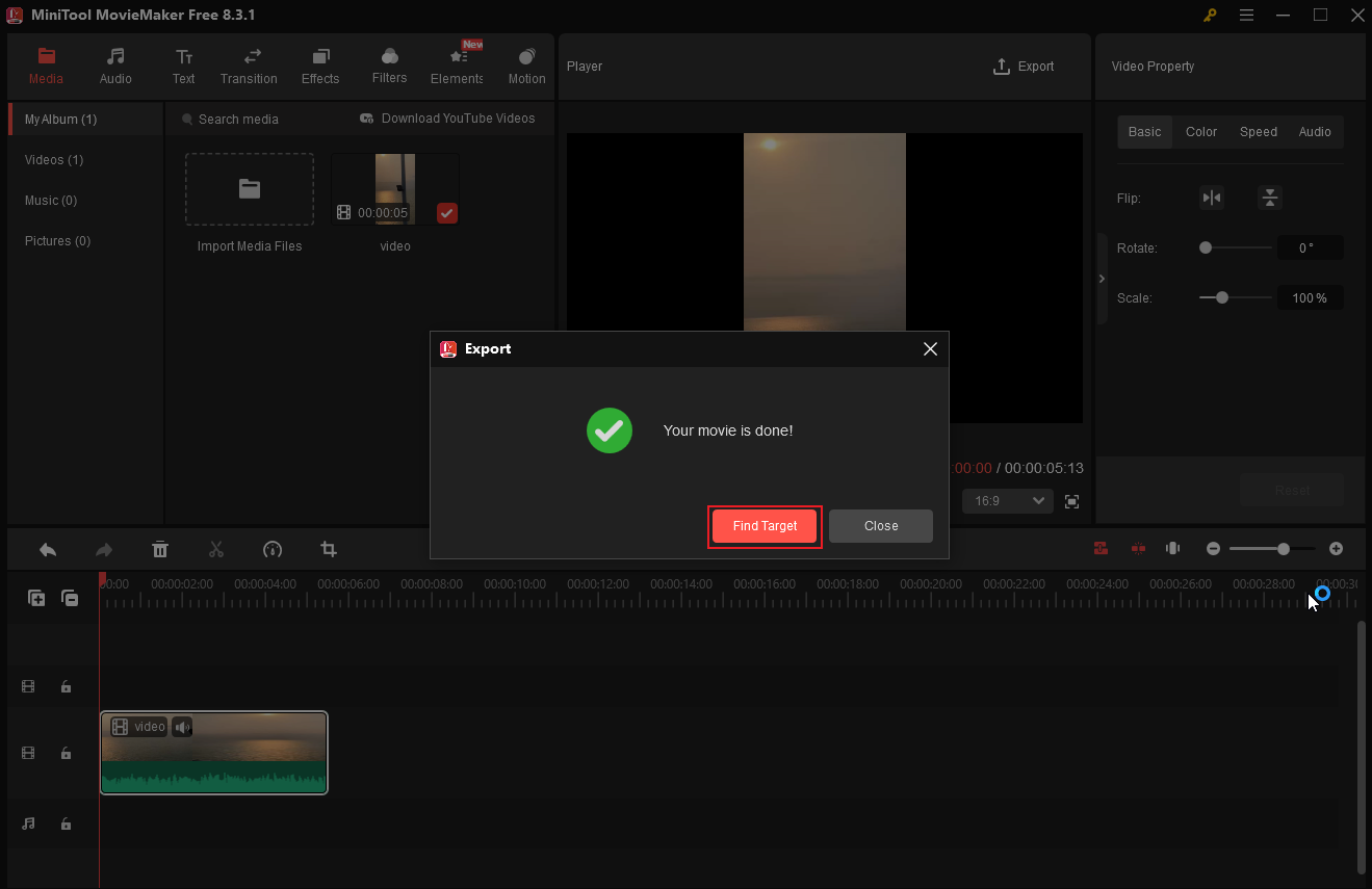 Click the Find Target button in MiniTool MovieMaker to locate the video