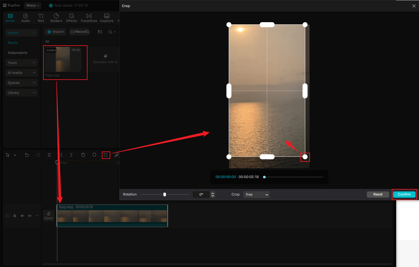 Drag one of the four directions of the video inwards to crop the MPG video in CapCut