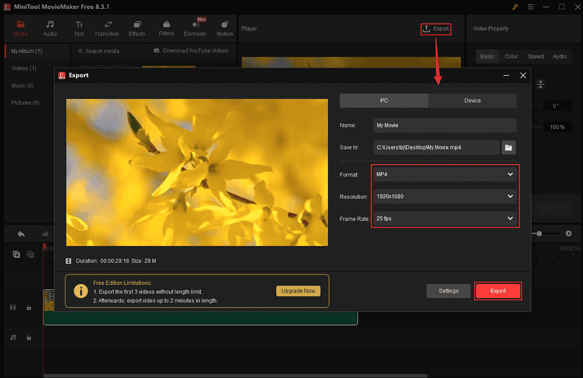 Open the Export window, choose the output parameters, and click the Export button in MiniTool MovieMaker to export the RMVB video