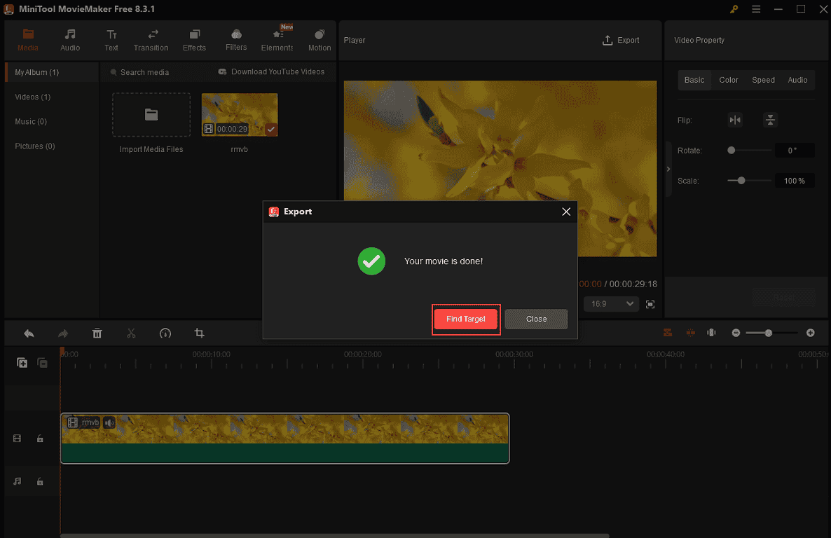 Click the Find Target button in MiniTool MovieMaker to locate the RMVB video