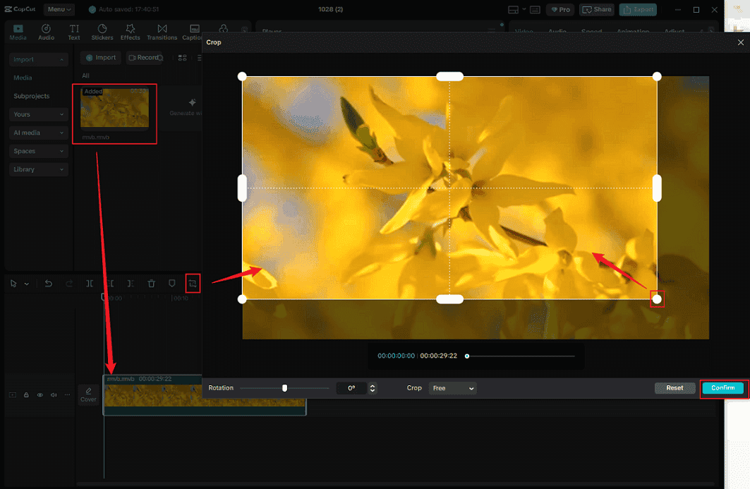 Drag any of the four edges of the video inward to crop the RMVB video in CapCut