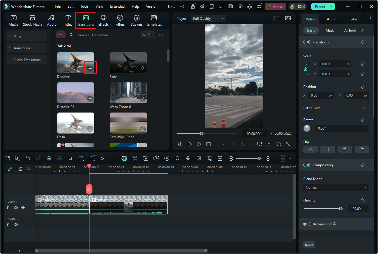 Add transitions, titles, filters, etc. to the video in Wondershare Filmora