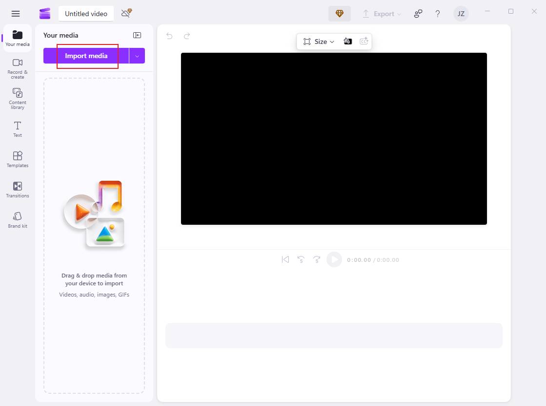 Click Import media to add the ASF video to Clipchamp