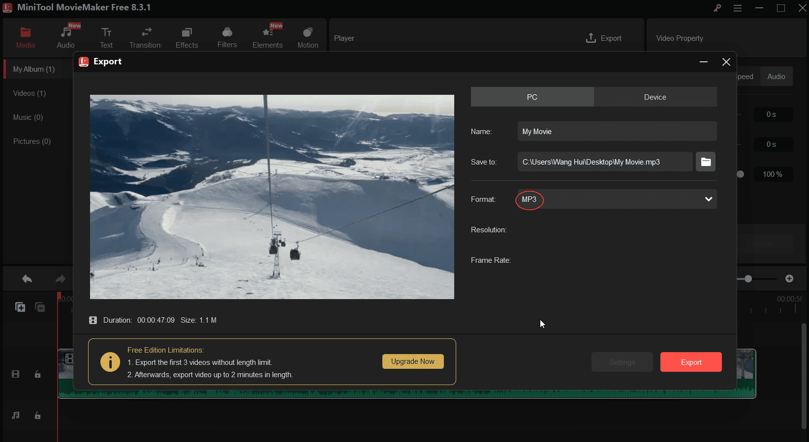 Save an MP3 file from MiniTool MovieMaker