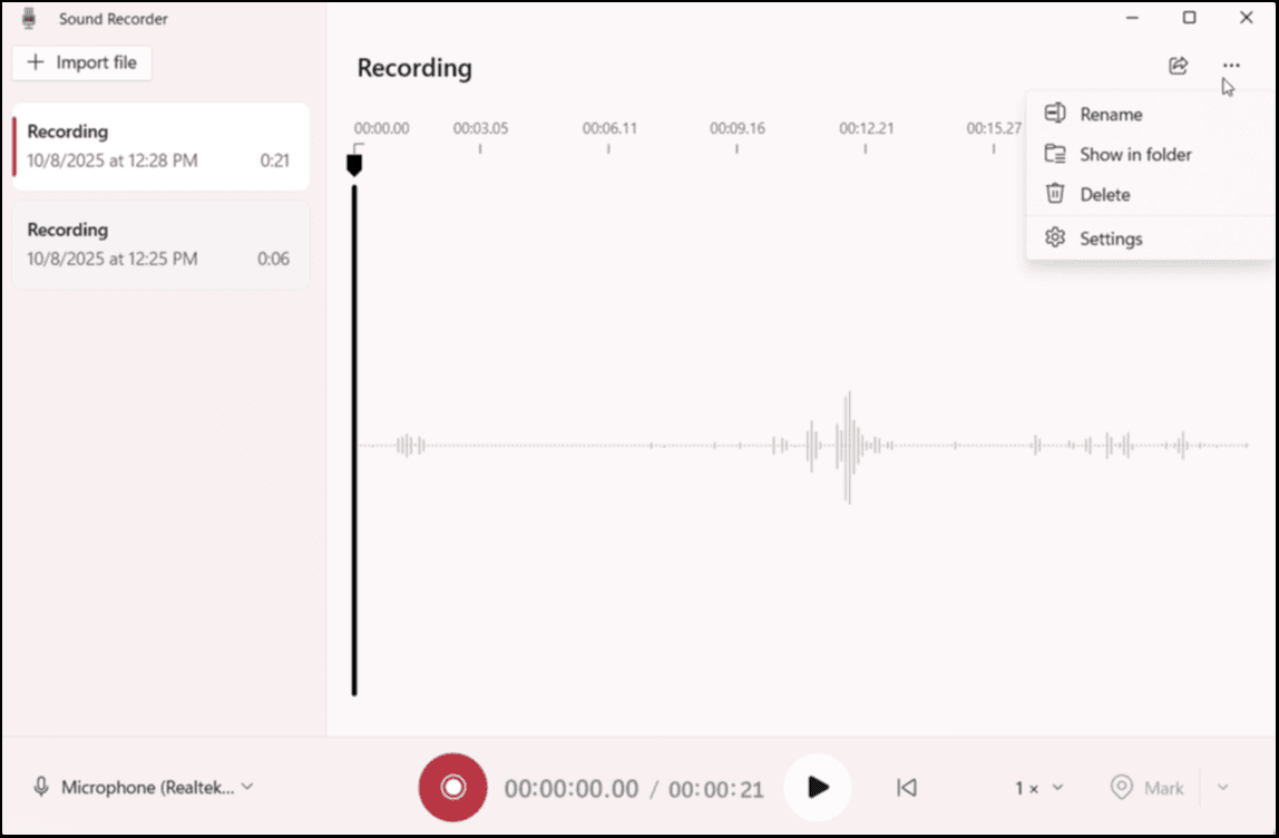 The interface of Sound Recorder on Windows 11