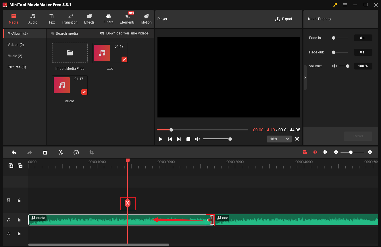Trim and split the audio in MiniTool MovieMaker