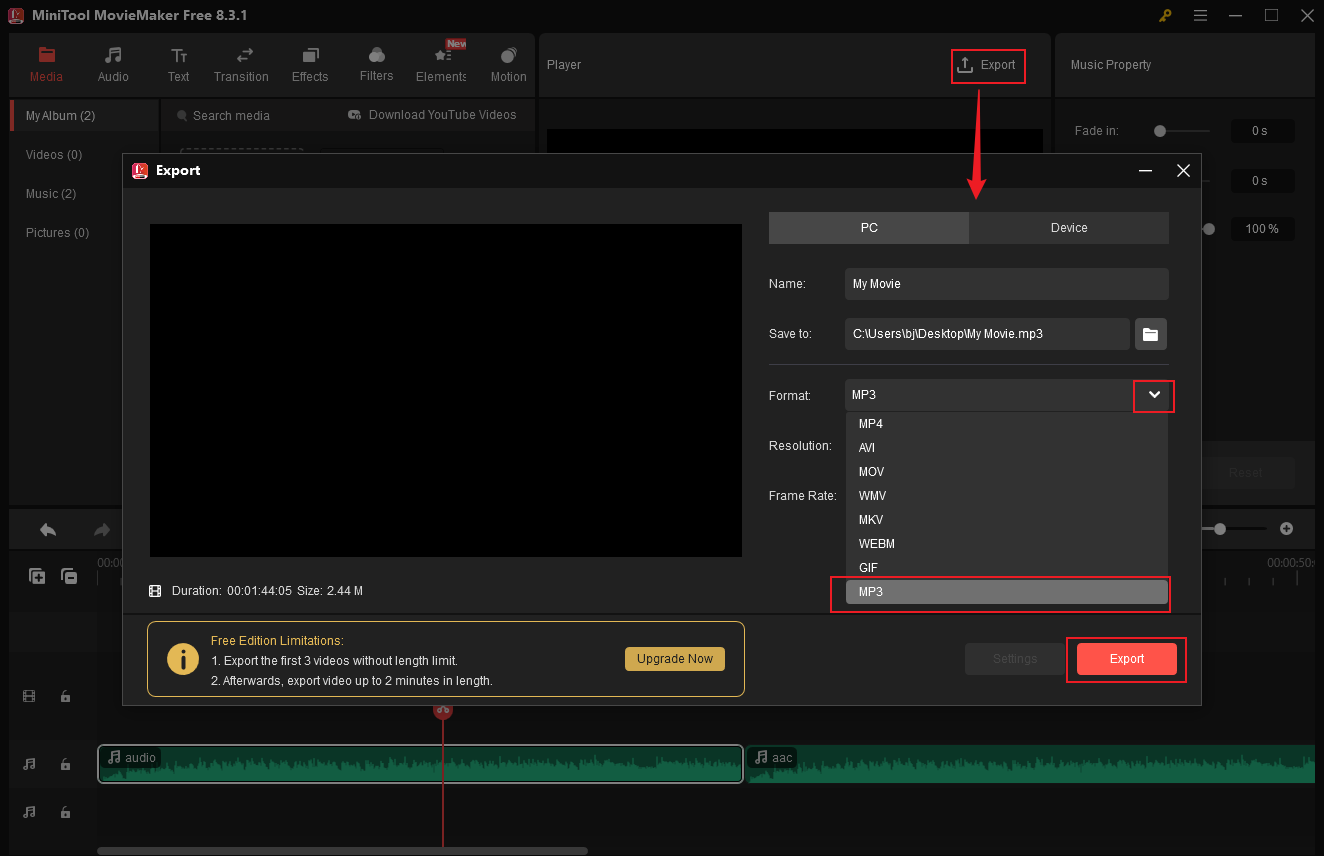 Click the Export icon to access the Export window, choose MP3 as the output format, and click the Export button in MiniTool MovieMaker to export the merged AAC