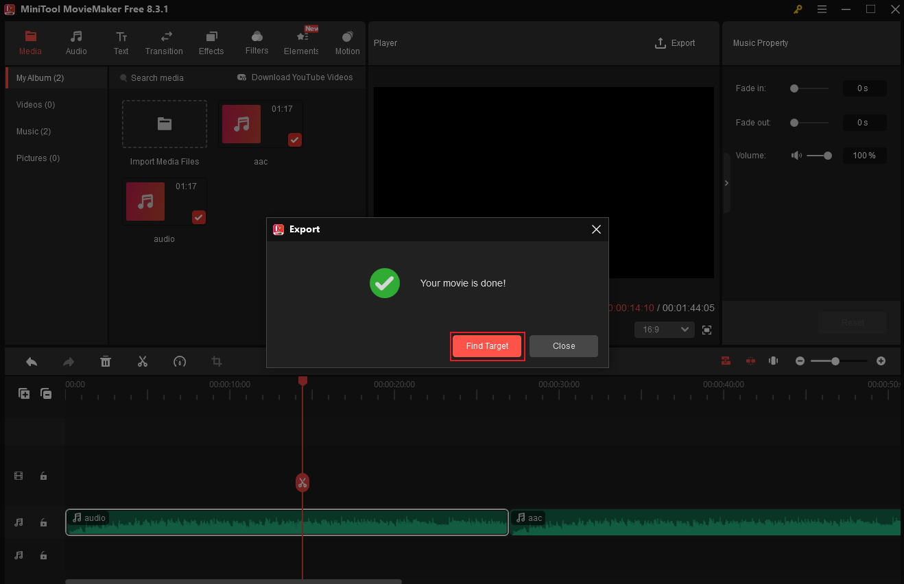 Click the Find Target button in MiniTool MovieMaker to locate the audio file