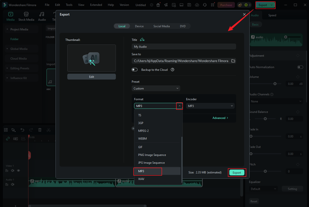 Click the green Export button at the top right and choose MP3 as the output format in Wondershare Filmora