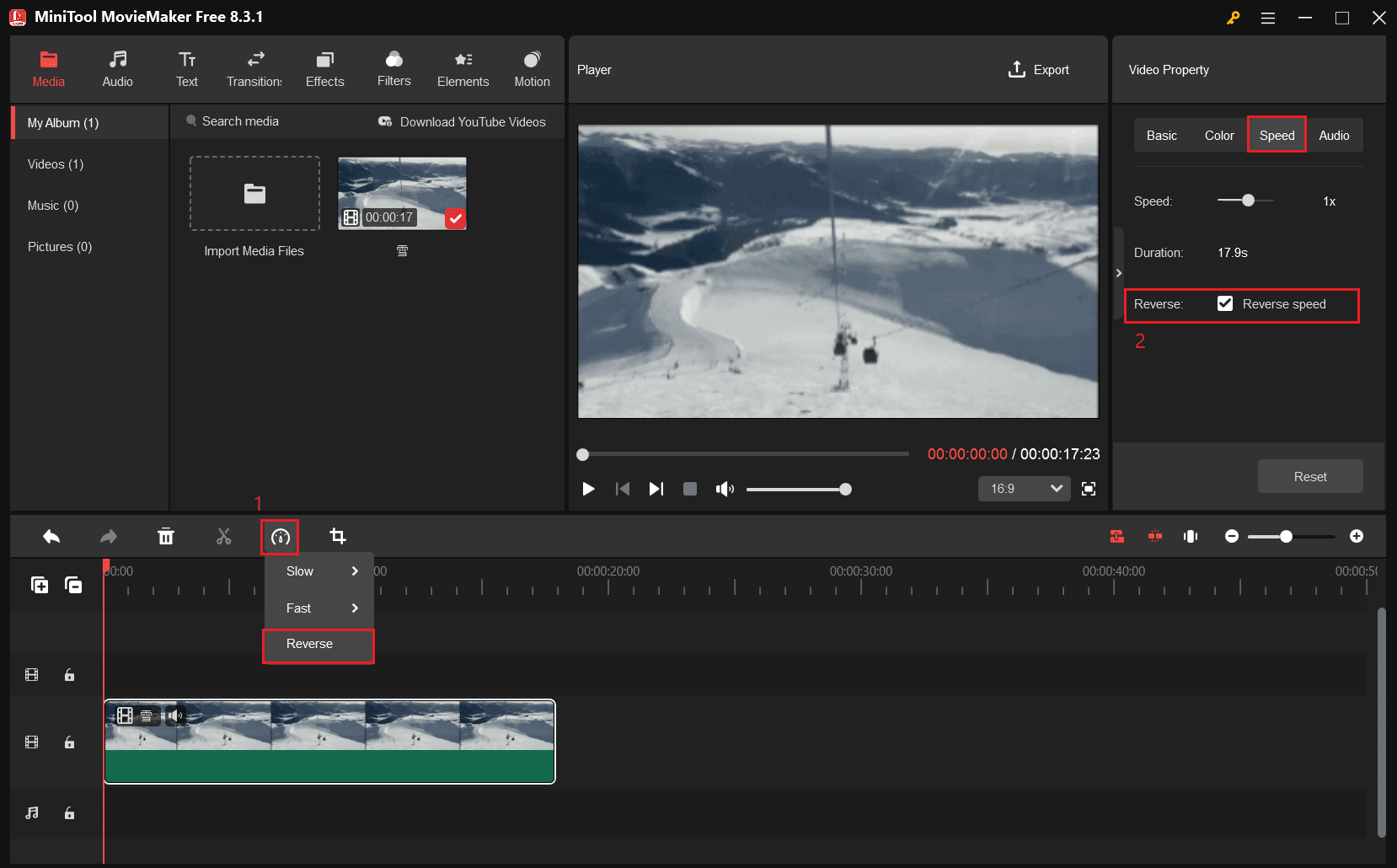 タイムラインツールバーの速度アイコンをクリックするか、「Reverse speed」のチェックボックスをオンにして動画を逆再生
