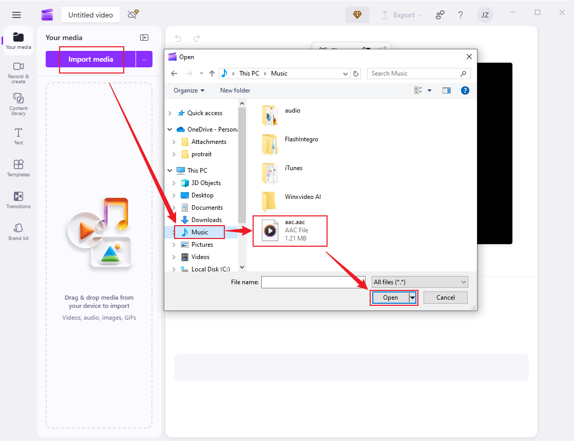 Click the Import media button to add the AAC audio to Clipchamp for splitting