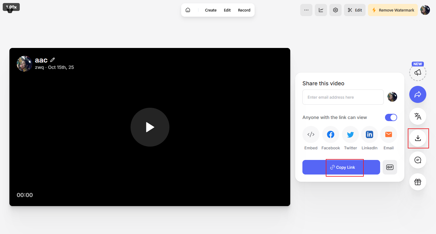 Click the Download icon to save the file or click Copy Link in VEED.IO to share the file with others