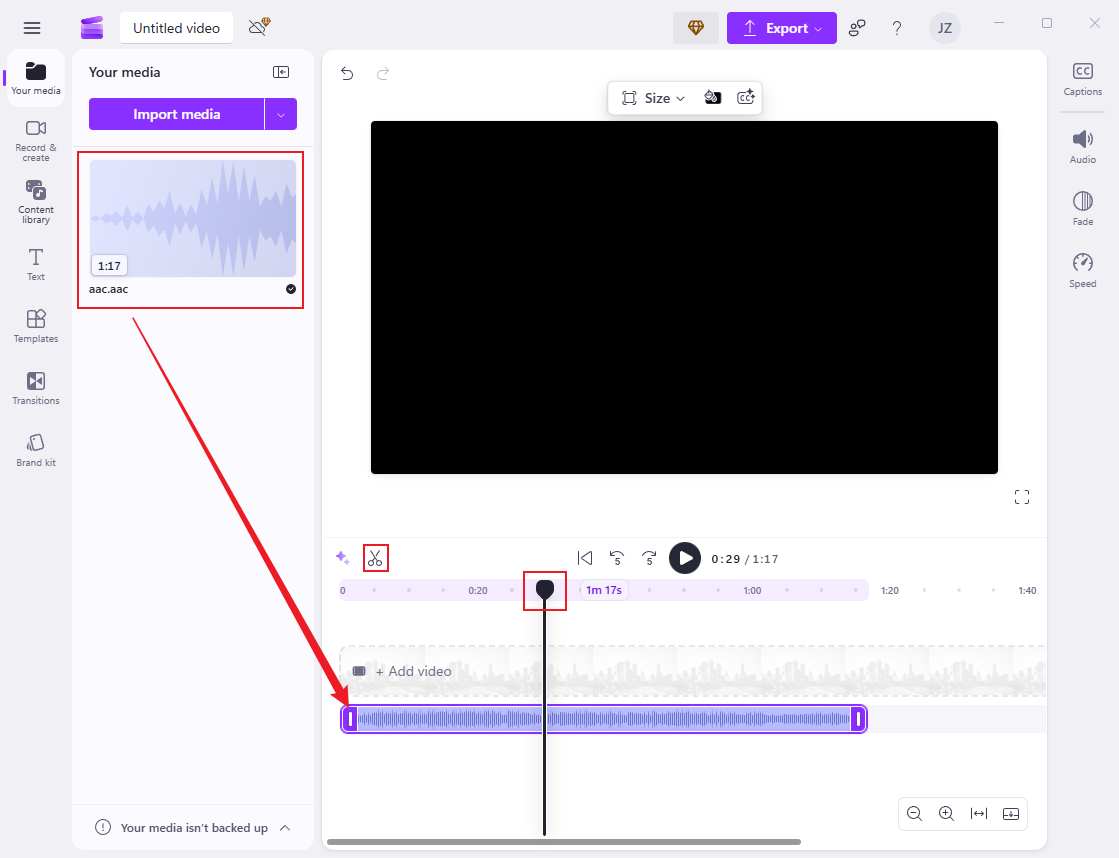 Drag the AAC file to the timeline, drag and move the playhead to where you want to split, and click the Scissors icon to split AAC in Clipchamp