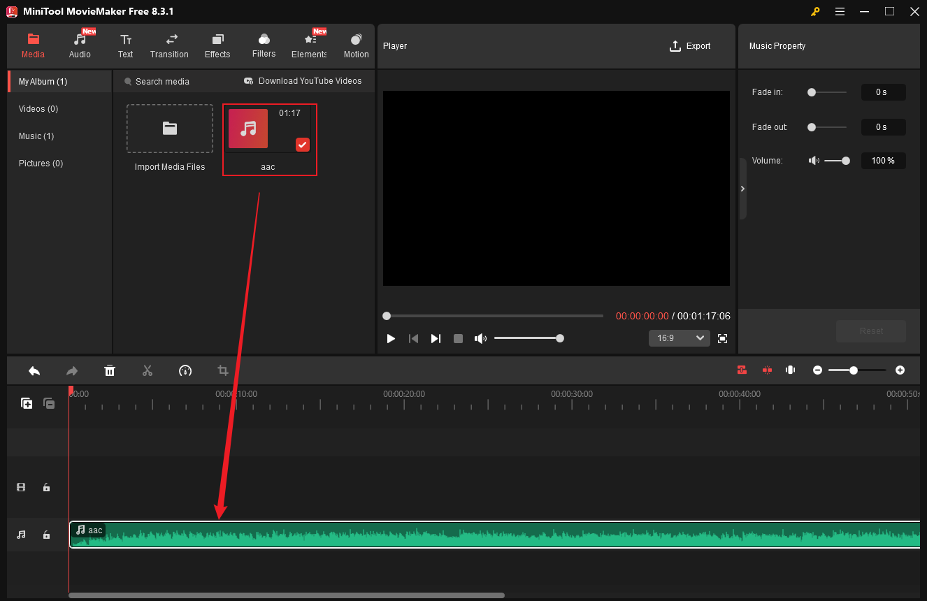 Drag the audio to MiniTool MovieMaker’s timeline for splitting