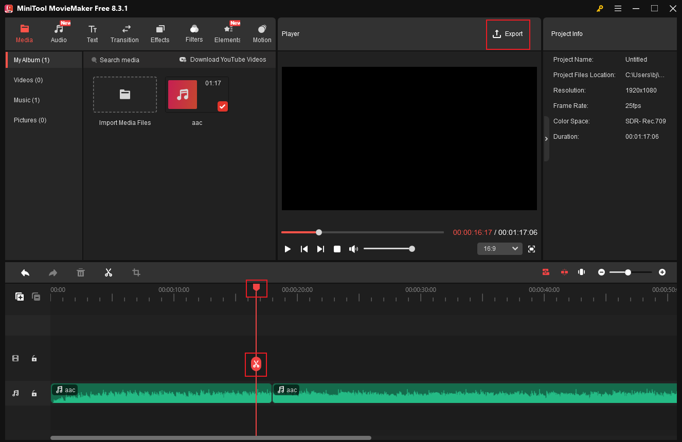 Drag and move the playhead to choose the split place, click the Scissors icon, and click Export at the top right of the Player window to open the Export window in MiniTool MovieMaker
