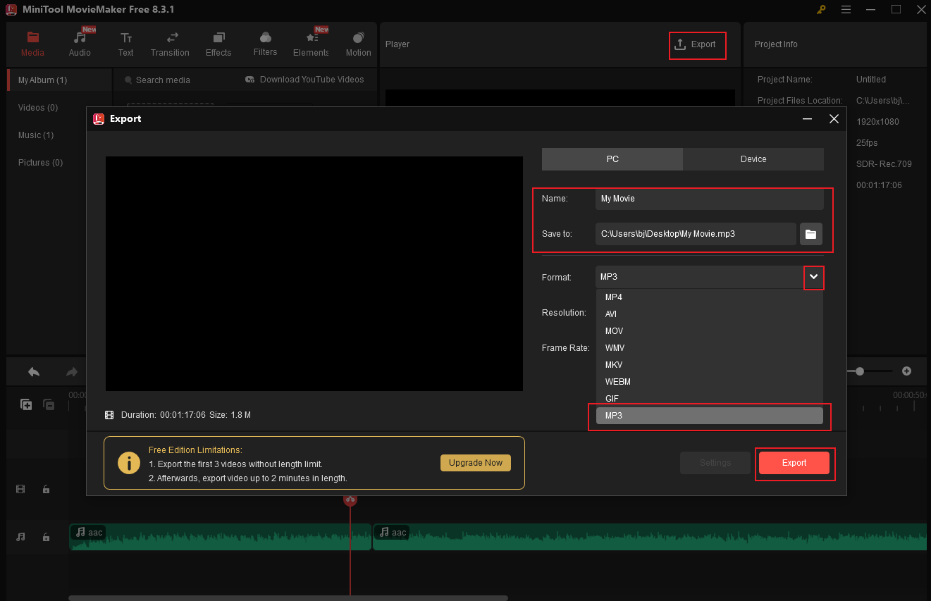 Set output settings for the split audio in MiniTool MovieMaker