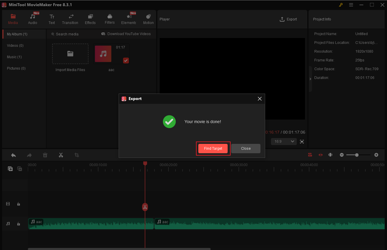 Click Find Target in MiniTool MovieMaker to locate the audio in your local folder