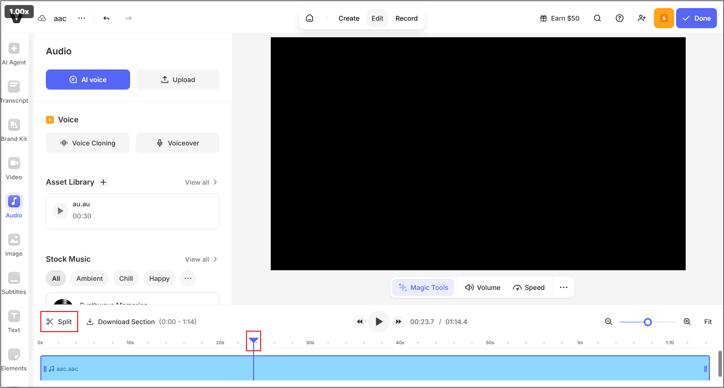 Drag and move the blue playhead to choose where to split, click the Scissors icon to split the audio, and click Done to access the Export Video window in VEED.IO