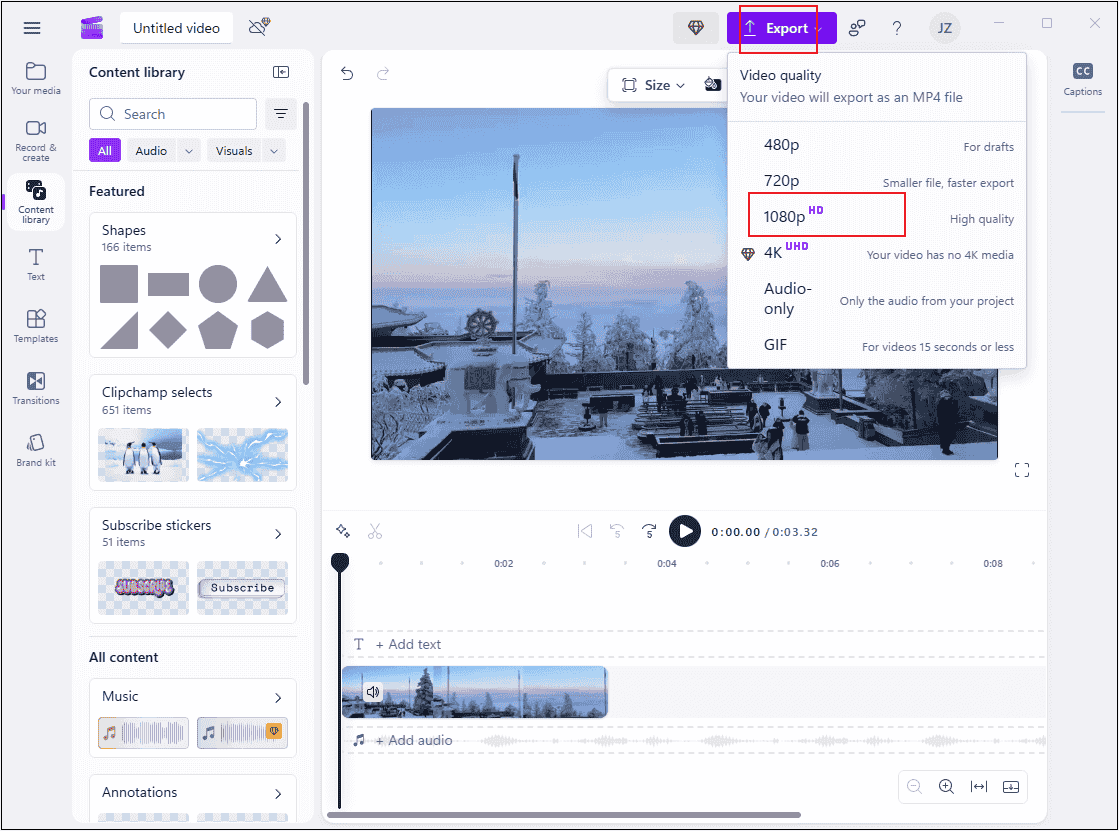 Click Export and choose the desired resolution for the charity video in Clipchamp