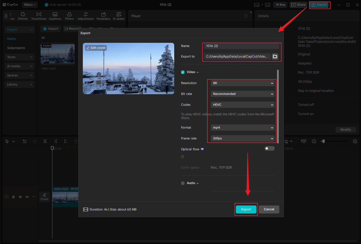 Configure parameters for the charity video in CapCut and export it