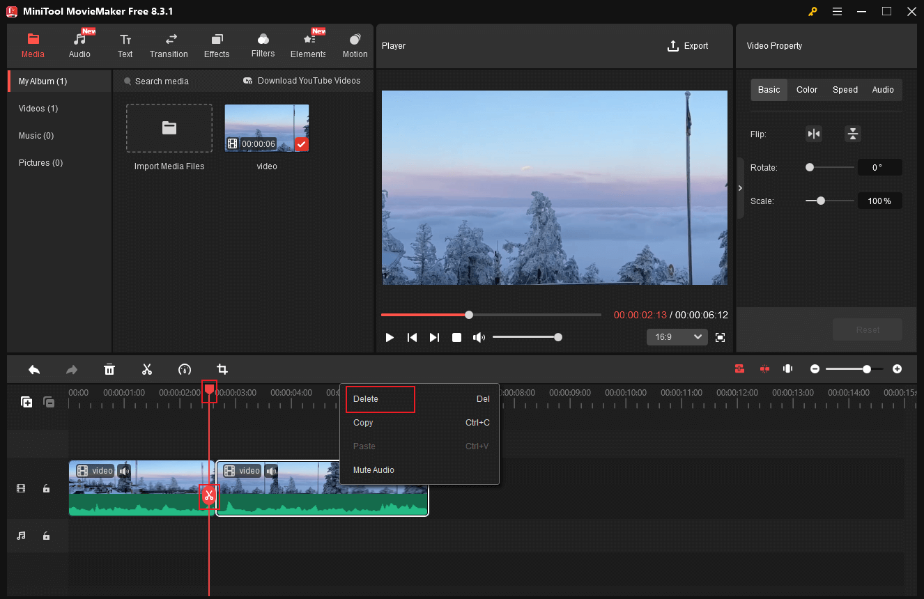 Drag the video to the timeline, drag the red playhead to the desired place, split the video, and delete the unwanted part in MiniTool MovieMaker