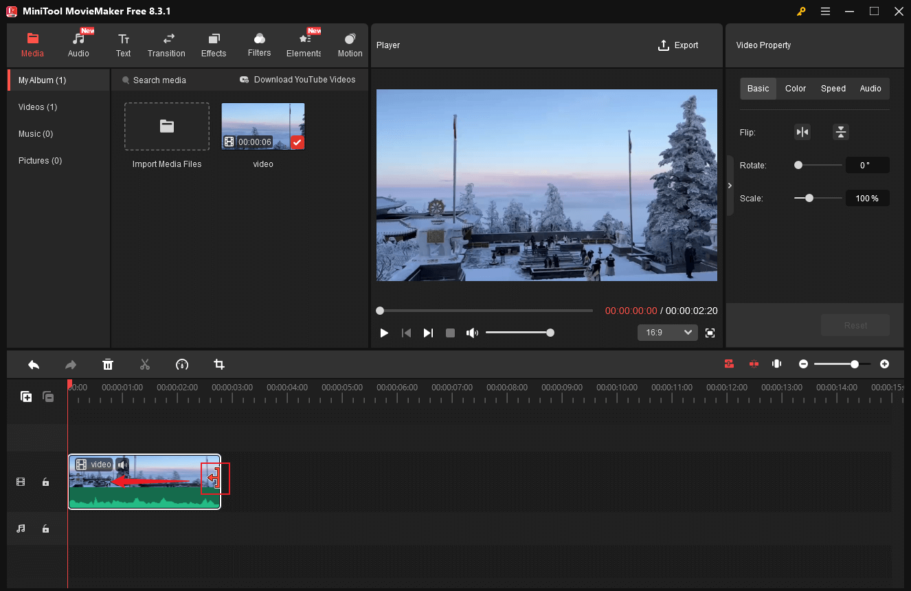 Hover the mouse cursor on one of the two edges of the video and drag the Trim icon inwards to trim the video in MiniTool MovieMaker