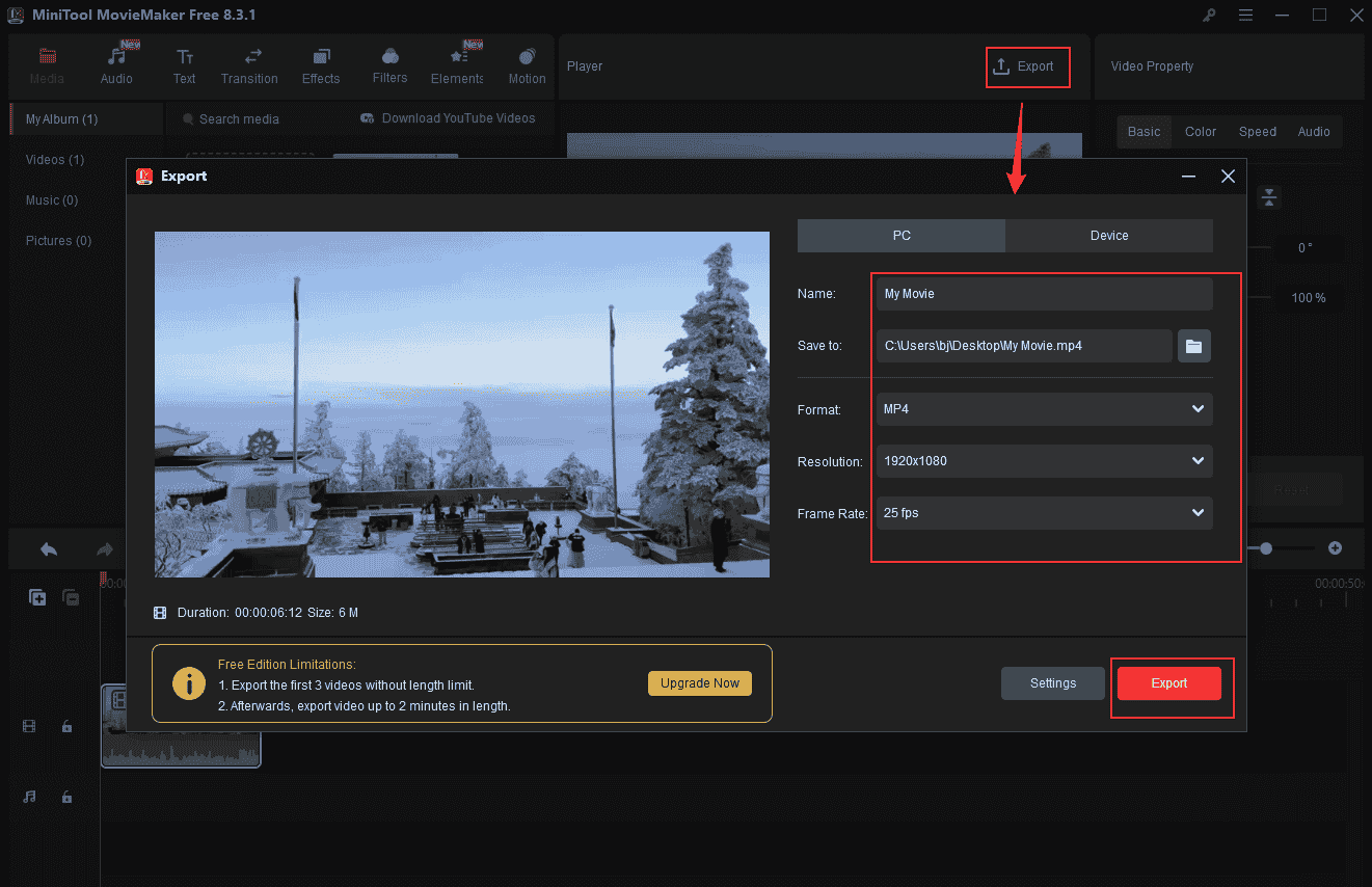 Configure the output parameters and click Export in MiniTool MovieMaker’s Export window to export the charity video