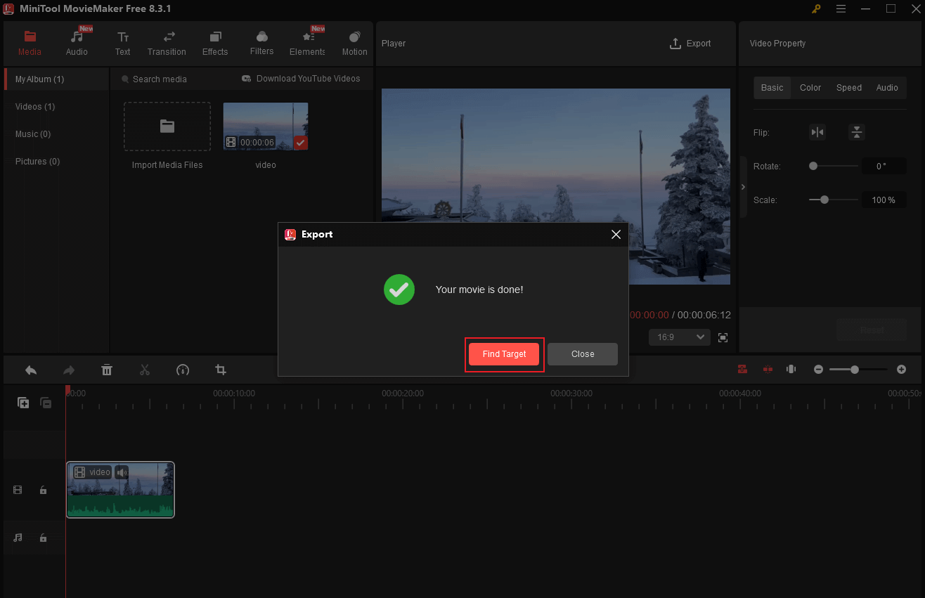 Click the Find Target option in MiniTool MovieMaker to locate the video