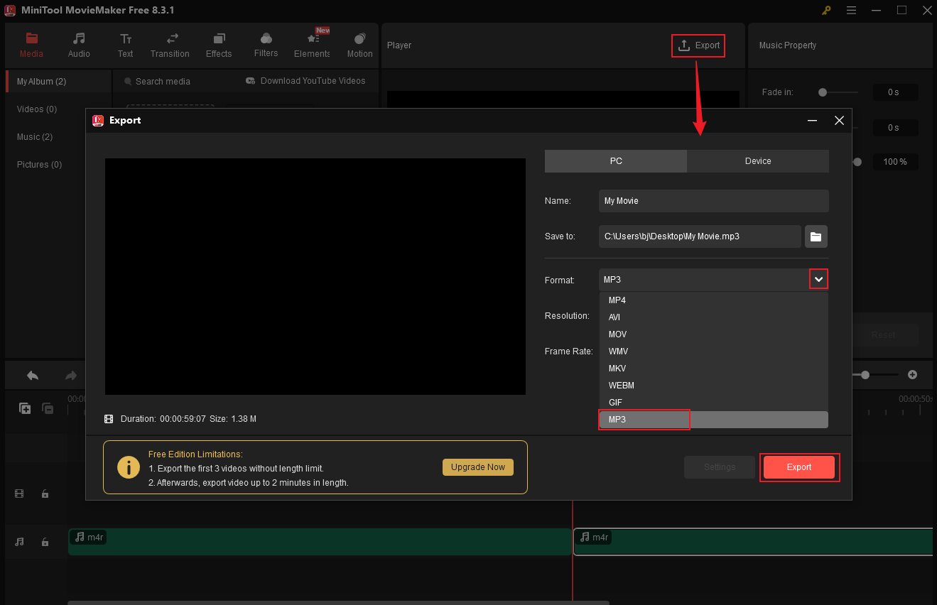Click Find Target in MiniTool MovieMaker to locate the merged audio file