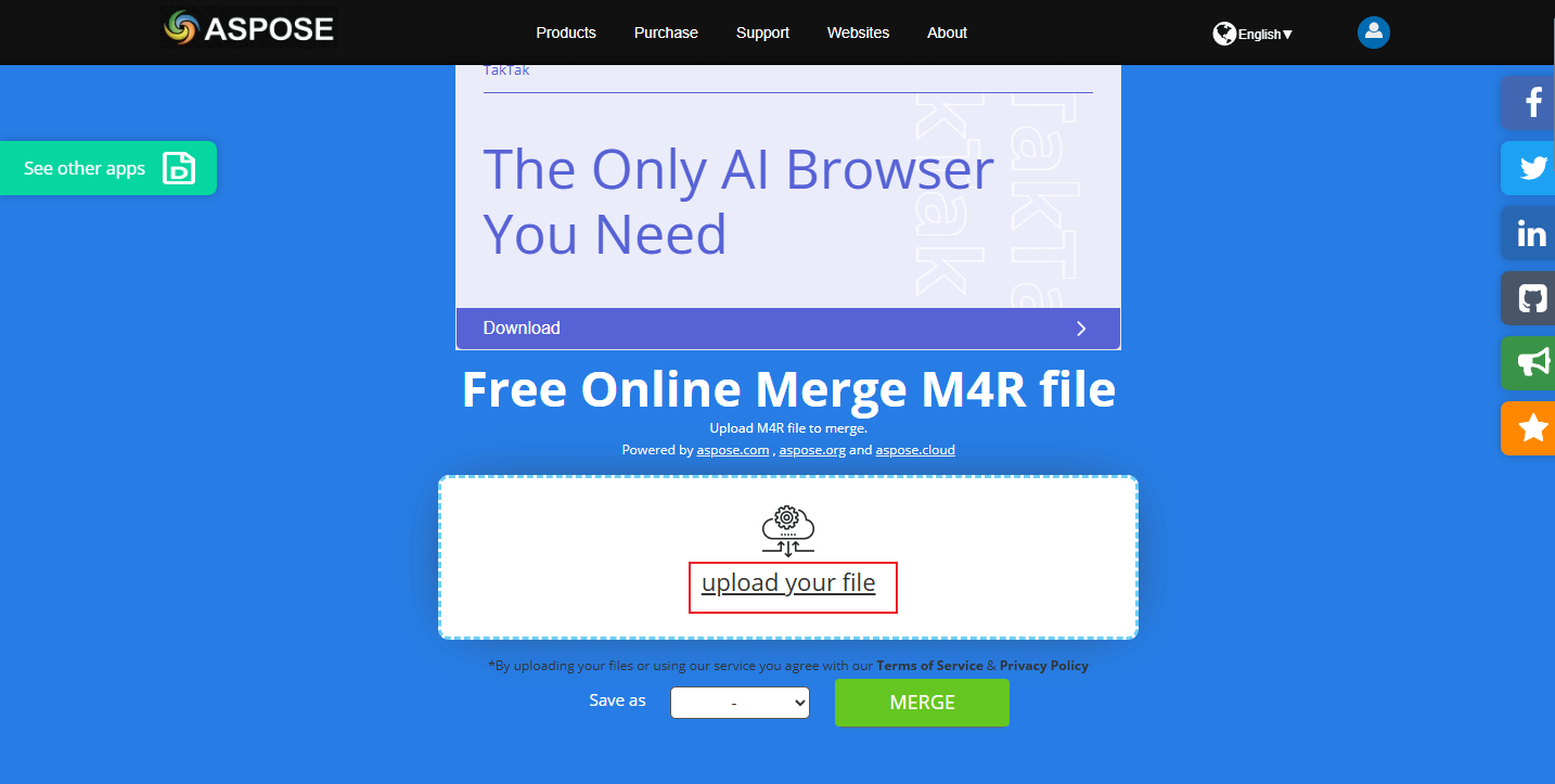 Click upload your file to import M4R files to Aspose