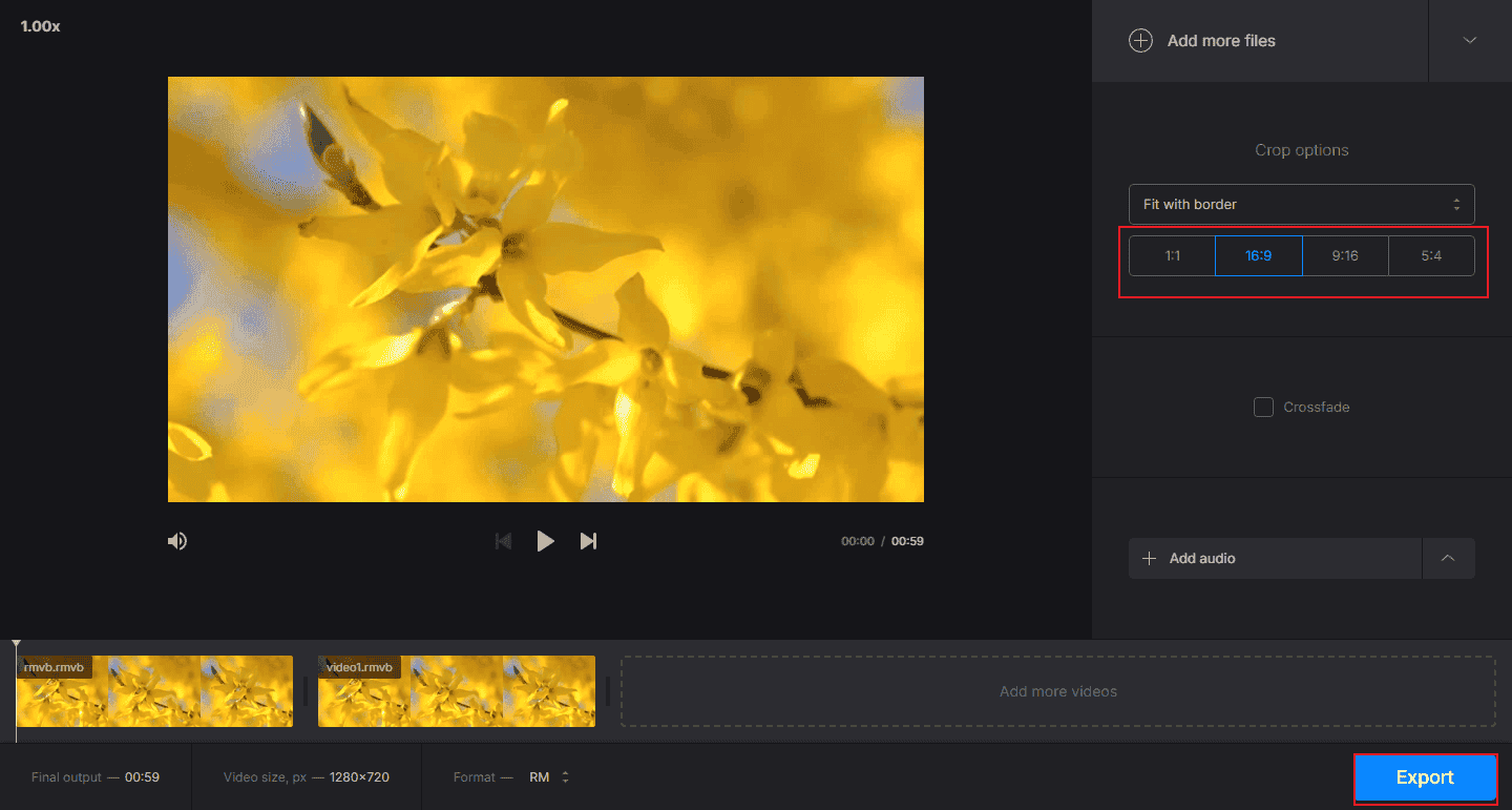 Adjust video aspect ratio and click Export in Clideo