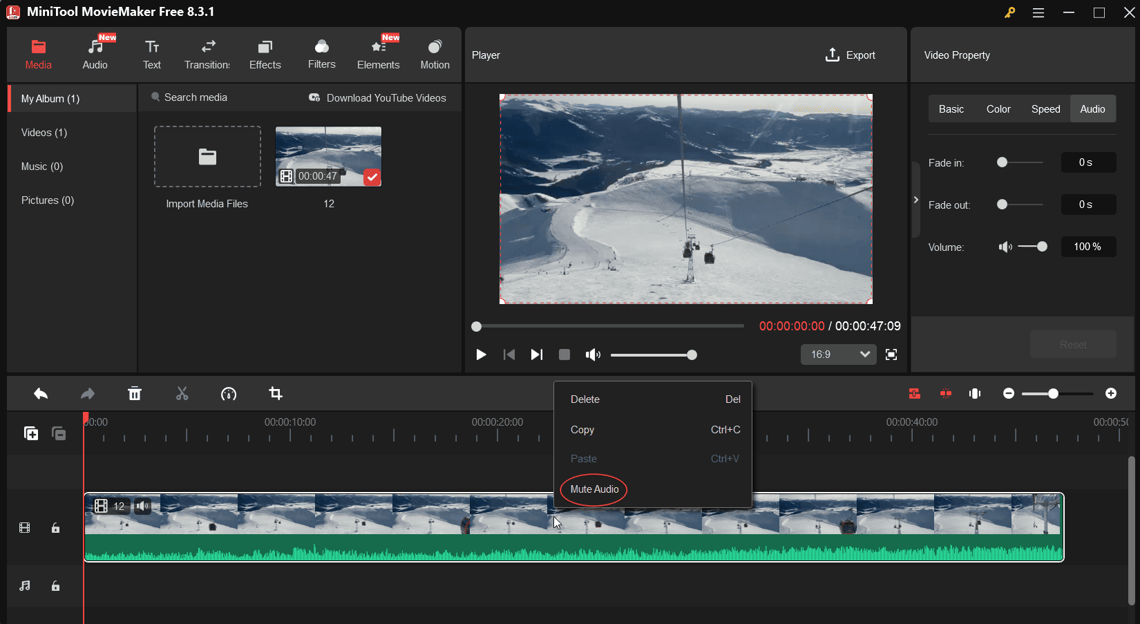 Select the Mute Audio option to move audio from MPG in MiniTool MovieMaker
