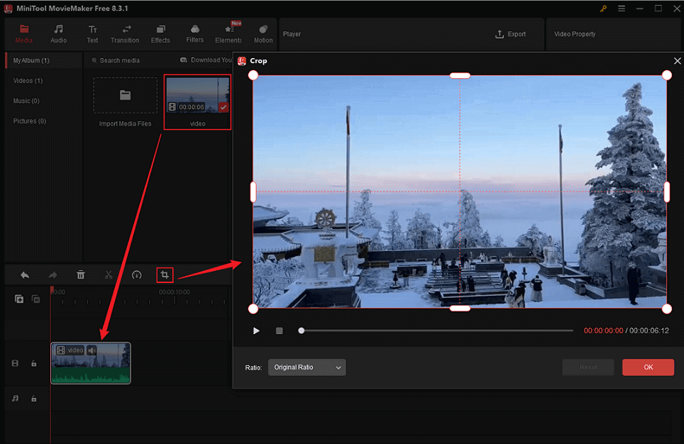 Drag the added video to the timeline and click the crop icon in the toolbar above the timeline to access the Crop window in MiniTool MovieMaker