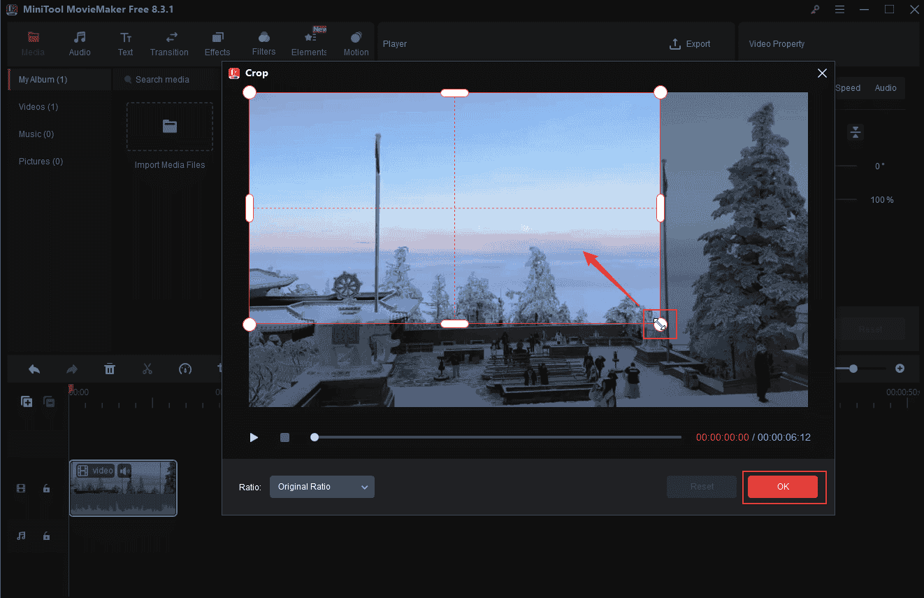 Hover the mouse cursor in one of the four directions of the video and drag the double-arrow icon inwards in MiniTool MovieMaker to remove subtitles from AVI