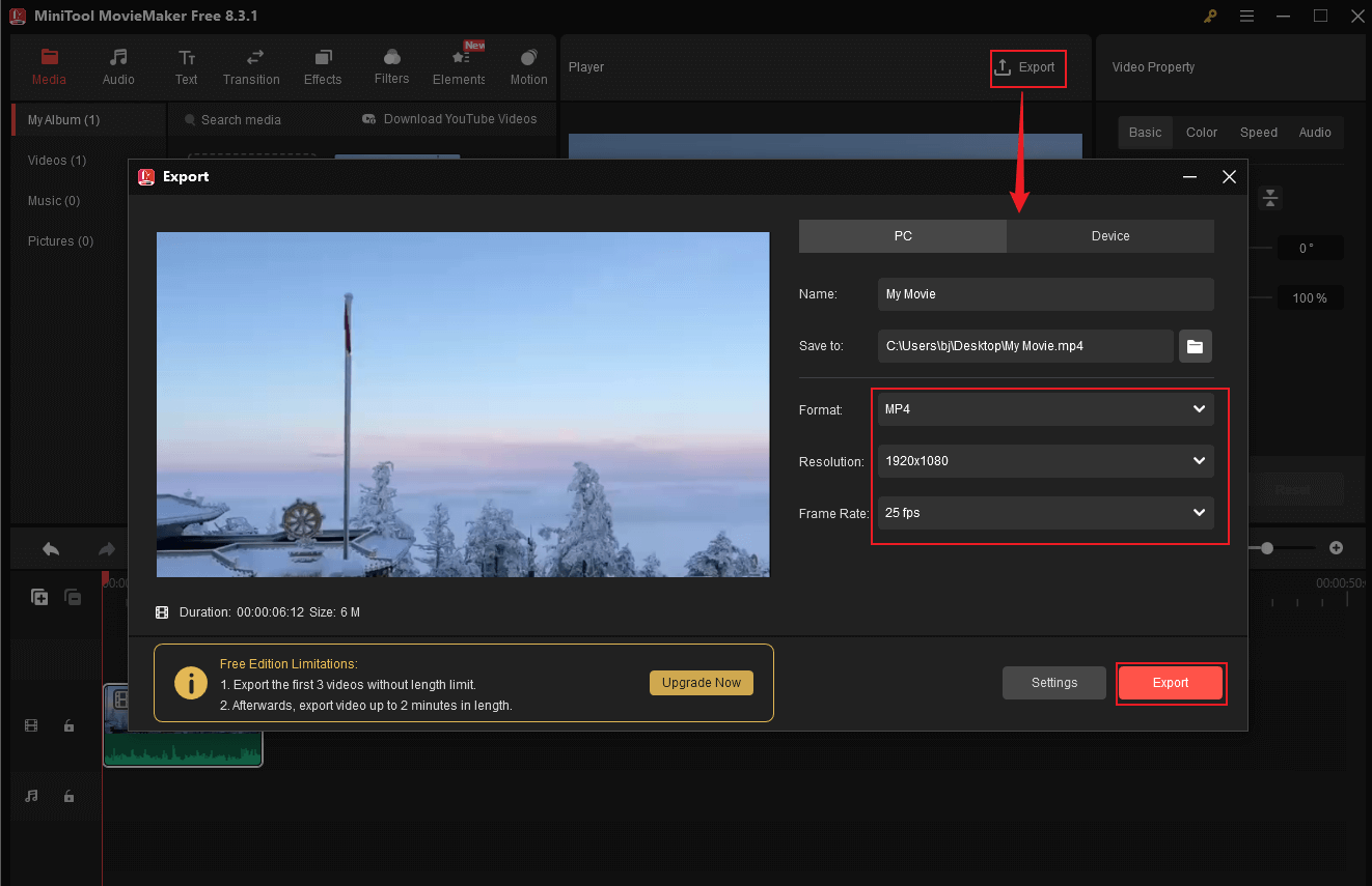 Click Export at the top right of the Player window, choose the desired format, resolution, and frame rate, and click on Export in MiniTool MovieMaker to save the video