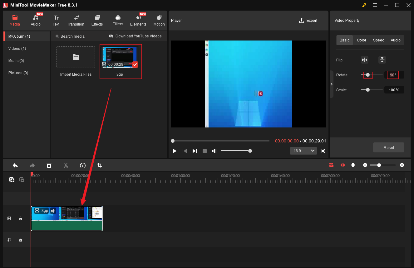 Drag and drop the added video to the timeline and drag the white dot icon of Rotate, or enter an accurate number in the Custom box to rotate the video in MiniTool MovieMaker
