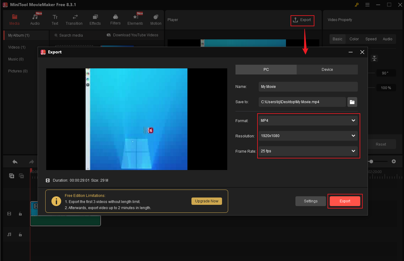 Click on the Export icon at the top right of the Player window to open the Export window, select the output parameters, and click on the Export button in MiniTool MovieMaker to save the 3GP video