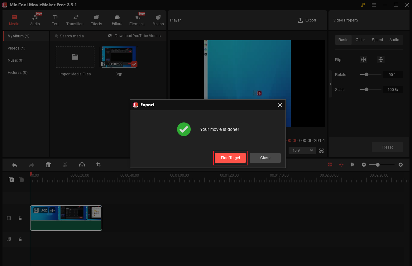 Click the Find Target button in MiniTool MovieMaker to locate the video