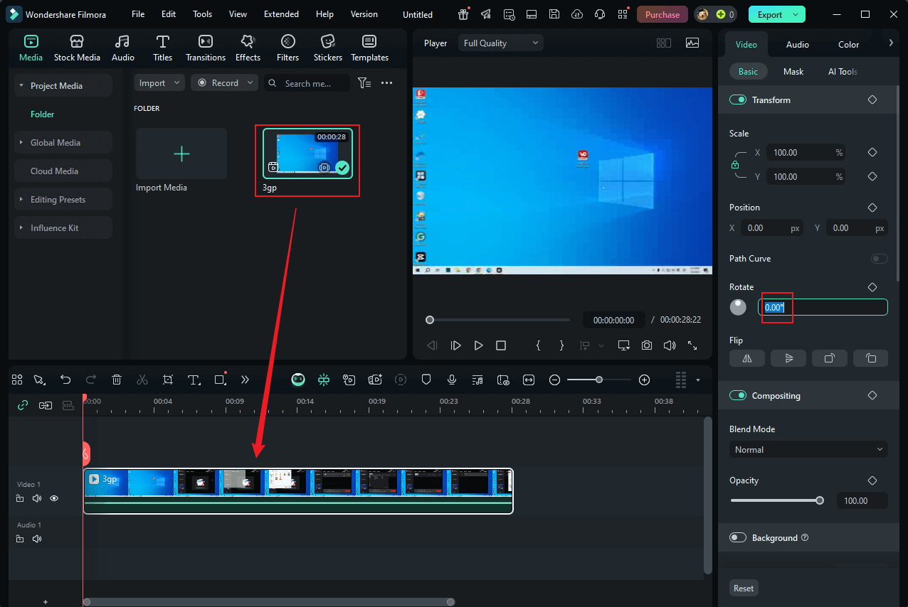 Drag the added 3GP video to the timeline and enter the desired number in the left Rotate Custom box to rotate the video in Wondershare Filmora