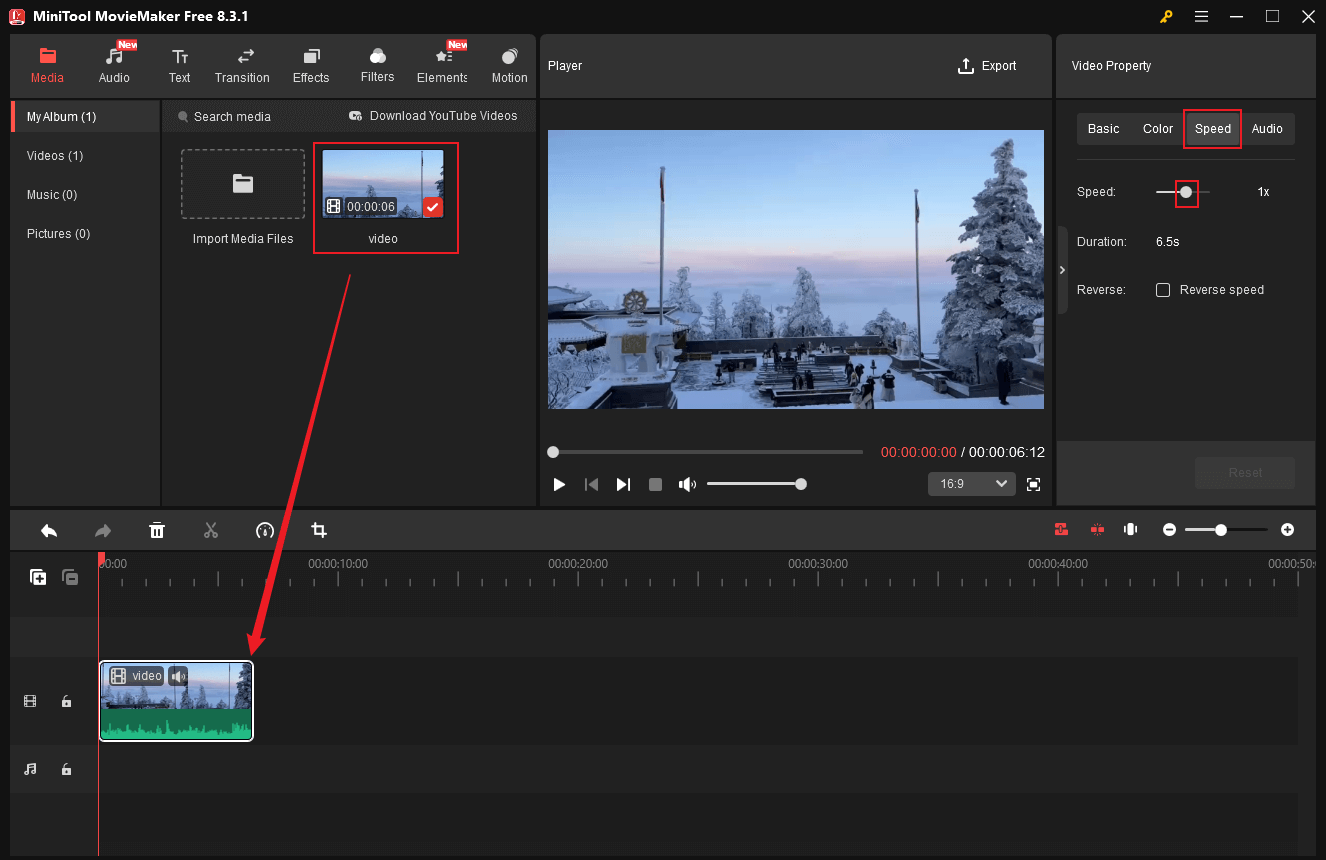 Drag and drop the imported video to the timeline, click on the Speed tab in the upper-right section, and drag and move the white dot icon to speed up the MKV video in MiniTool MovieMaker