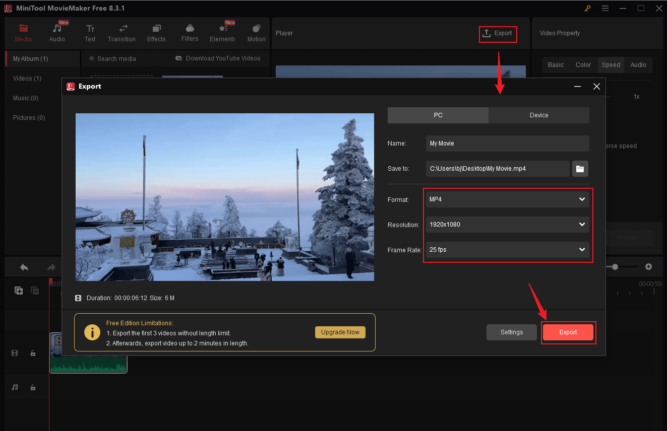 Choose the desired format, resolution, and frame rate, and click on the Export button in MiniTool MovieMaker to save the video