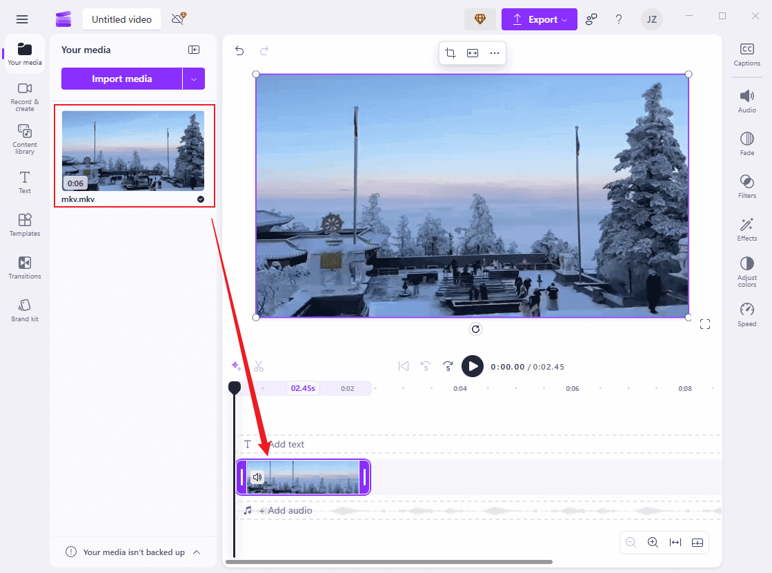 Drag and drop the MKV video to the timeline in Clipchamp