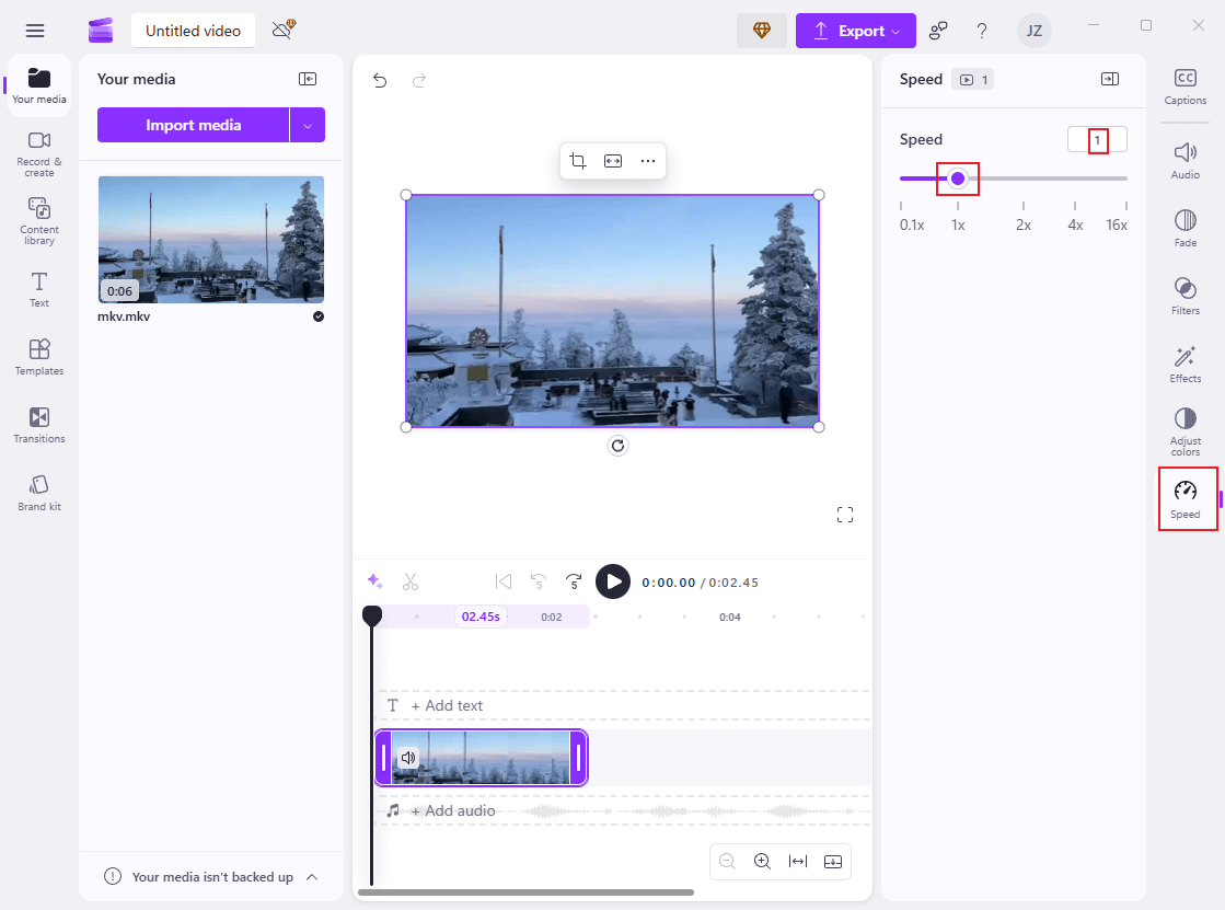 Select the Speed option from the right menu and drag and move the purple dot icon to select the desired speed in Clipchamp