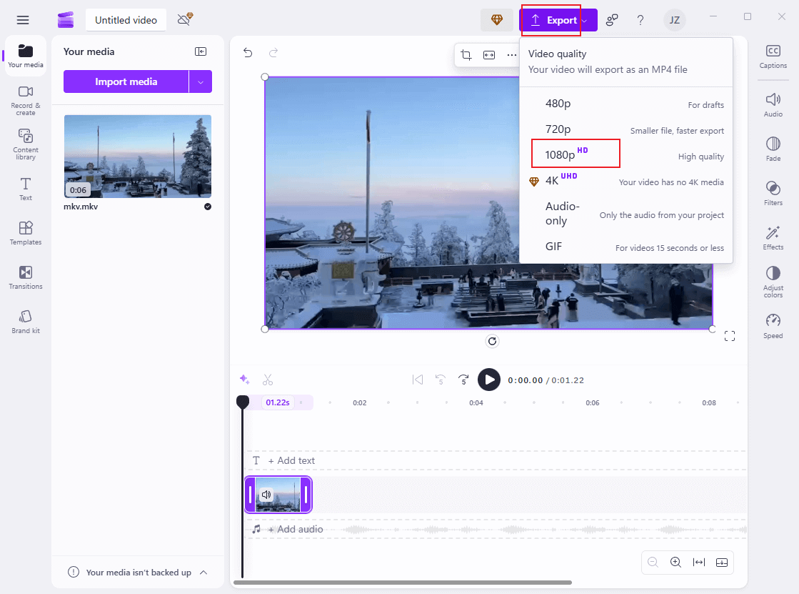 Click the Export button at the top right and choose a resolution in Clipchamp to export the MKV video