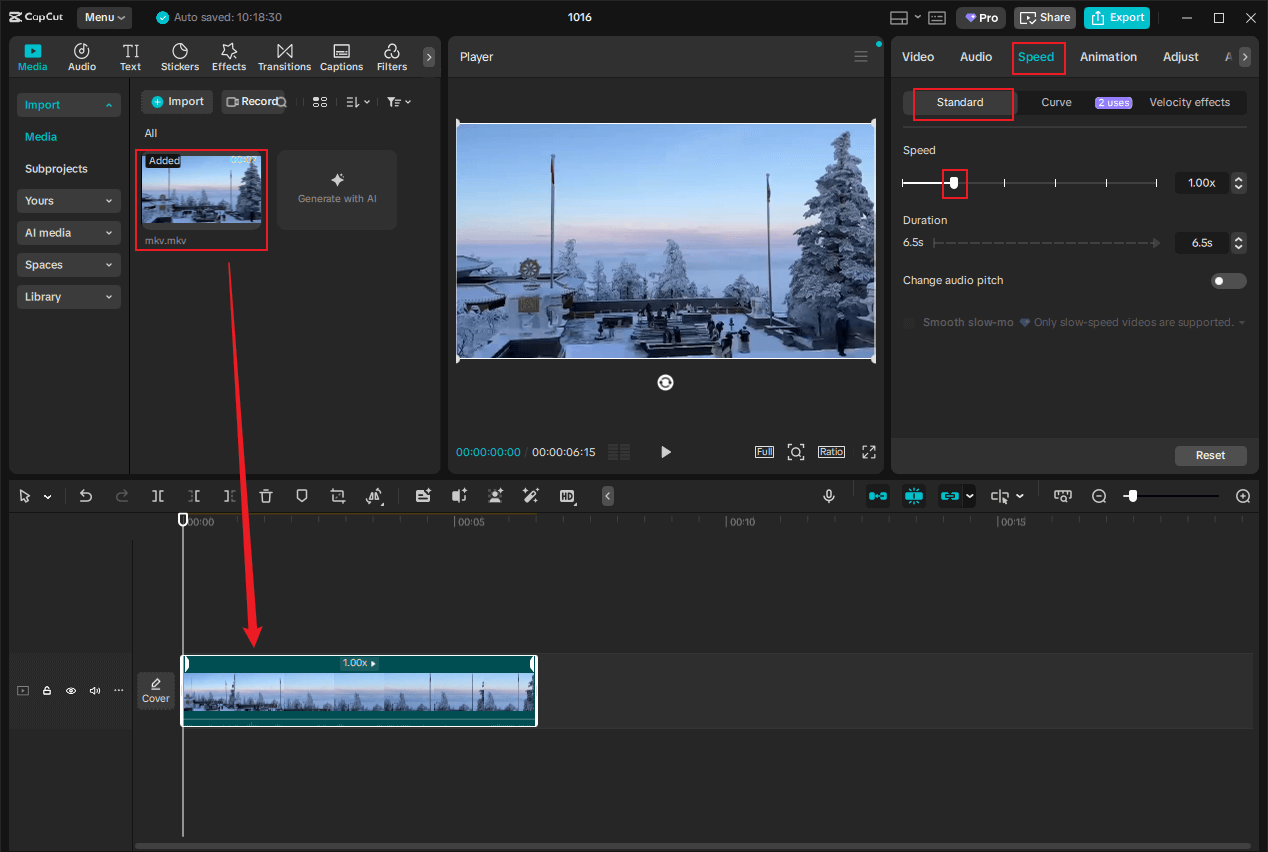 Drag and drop the added video to the timeline, click the Speed option in the upper-right section, and drag and move the white square icon to speed up the MKV video in CapCut